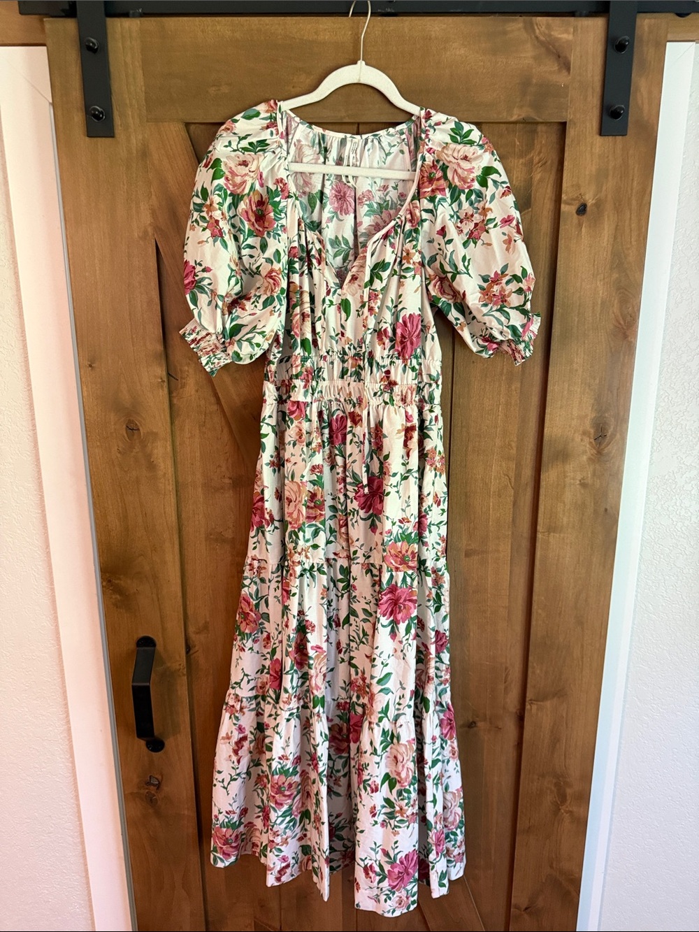 Anthropologie The Somerset Puff-Sleeve Maxi Dress Floral Pink & Green Like New